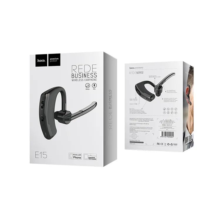 HocoBluetooth слушалка с въртящ се микрофон и поставка за ухо (черна)