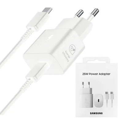 Samsung - Оригинален комплект адаптер и кабел T2510 (EP-T2510XWEGEU) - Type-C 25W, Quick Charger with Cable USB-C - White (Blister Packing)