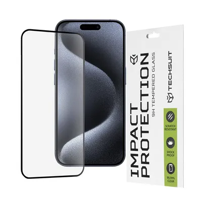 Професионално поставен протектор Techsuit 111D Full Cover / Full Glue Glass за iPhone 15 Pro (черен)