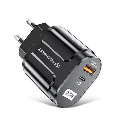 Techsuit Wall Charger Premium адаптер за бързо зареждане с USB-A и USB-C изходи,  20W (черен)