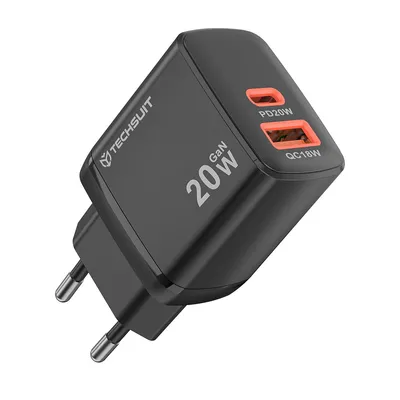 Techsuit - Адаптер за зареждане Duonix20W (CH2) - Type-C, USB, Dual Travel Charger 20W - Black