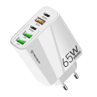 Techsuit - Premium Wall Charger PentaXPower - 3x USB QC 3.0, 2x Type-C PD 20W, 65W, GaN, Quick Charge - White