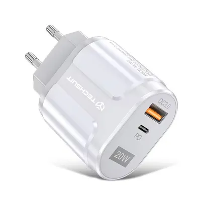 Techsuit - Wall Charger Premium  Адаптер за бързо зареждане- USB-A, QC 3.0, USB-C, 20W - Бял