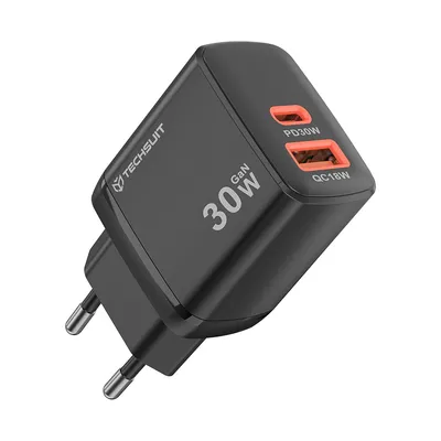 Techsuit - Адаптер за зареждане Duonix30W - Type-C, USB, Dual Travel Charger 30W - Black